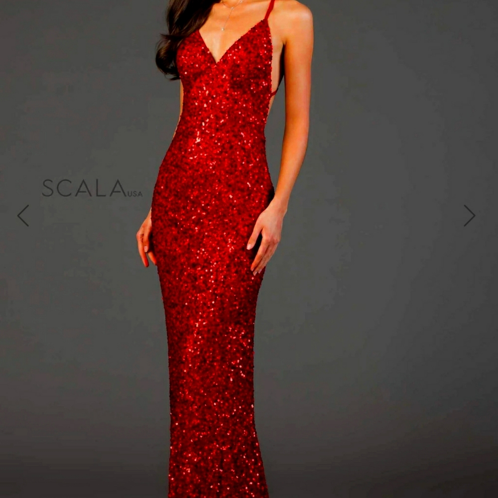 Scala Full Sequins Open Back Fitted Evening Gown- Size 4